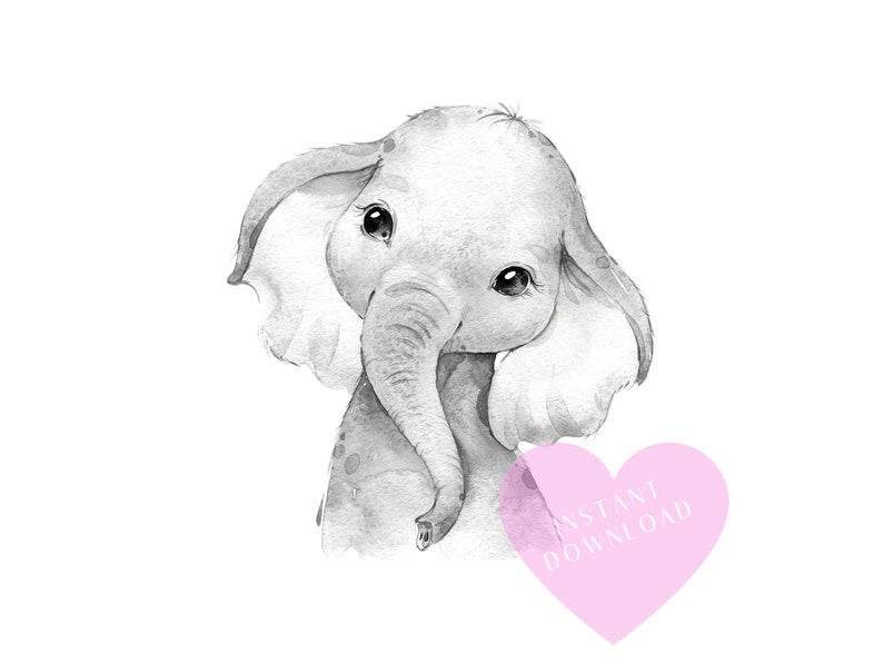 May include: A black and white watercolor illustration of a baby elephant with large ears and big eyes. The elephant is looking to the left of the image. The background is white. The image has a pink heart with the text "INSTANT DOWNLOAD" in white.