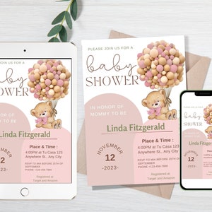 Bear baby shower, Bear Theme Baby Shower Invitation,  We Can Bearly Wait,  Invitation Template, Girl baby shower, baby shower