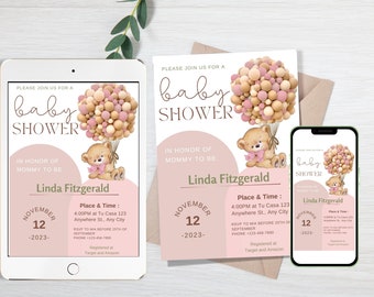 Baby shower ours, Invitation baby shower sur le thème des ours, We can Bearly Wait, modèle d'invitation, baby shower fille, baby shower