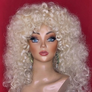 CURLY DISCO WIG:  Studio 54 Wig, 1970s Wig, 80s Wig w Bangs, Costume Wig, Drag Queen Wig, Heat Safe Wig, Custom, Made to Order, Styled Wig
