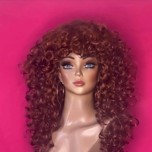 LIZZO JHERI CURLS Wig: Gina Curls Wig with Bangs, 1970s Wig, 1980s Wig, Drag Queen, Custom, Made to Order Styled Synthetic or Human Hair Wig