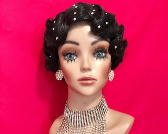 RHINESTONE MARCEL Finger Wave WIG: Lace Front Wig, 1920s Wig, Costume Wig, Drag Queen Wig Heat Resistant Wig Custom Made to Order Styled Wig