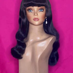BETTIE PAGE WIG Drag Queen Wig Jet Black Fringe Bangs Katy Perry Long Body Wave 1950s Brown Blonde Auburn White Pinup Retro Costume Party