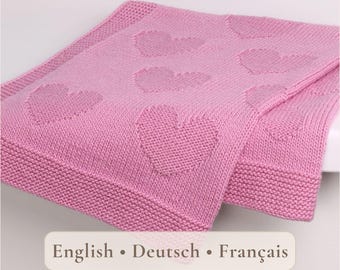 Reversible Heart Blanket Knitting Pattern, Easy Knit Purl Baby Blanket Pattern, I-Cord Edge Video, EN DE FR