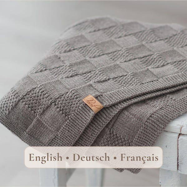 Patrón de punto para manta de bebé para principiantes – Punto derecho y revés fáciles, diseño reversible, EN DE FR