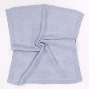 May include: A light blue knitted blanket featuring a repeating pattern of textured clouds across the surface. The blanket has a wide, garter stitch border framing the central design, with a soft, uniform color throughout the entire piece.