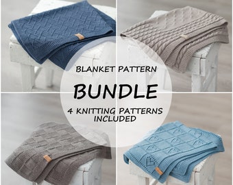 Blanket Knitting Patterns Bundle, Pack of Knit Baby Blanket Patterns, Collection of 4 Different Knitted Blankets