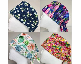 Floral Scrub Hats, handmade, women’s surgical caps, chef hat, doctor, nurse, dentist, fits small to extra large