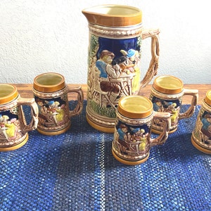 Rustic Ceramic Beer Stein Made in Japan Outdoor Forest Pub Scene Set of 6