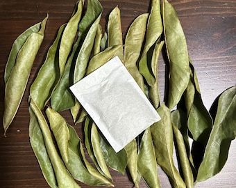 May include: A pile of dried green leaves with a white tea bag in the center.