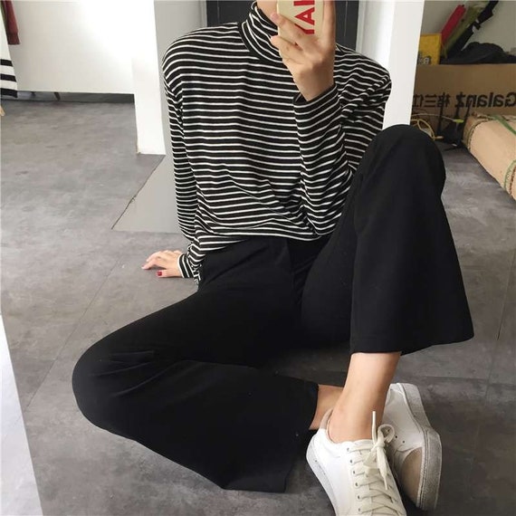 long sleeve black and white striped turtleneck