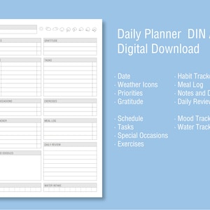 Könnte beinhalten: Ein druckbarer Tagesplaner im DIN A5-Format mit Abschnitten für Datum, Wetter-Icons, Prioritäten, Dankbarkeit, Zeitplan, Aufgaben, besondere Anlässe, Übungen, Gewohnheits-Tracker, Essensprotokoll, Notizen und Kritzeleien, tägliche Überprüfung, Stimmungstracker und Wasseraufnahme.