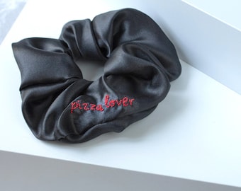 GIANT / PIZZA LOVER - scrunchies embroidered hair handmade scrunchies, satin hair accessories, chignon, bracelet handmade, gift for her