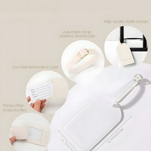 May include: A white luggage tag with a matching strap and stainless steel buckle. The tag has a privacy flap and a two-sided information card. The tag measures 11cm by 7cm.