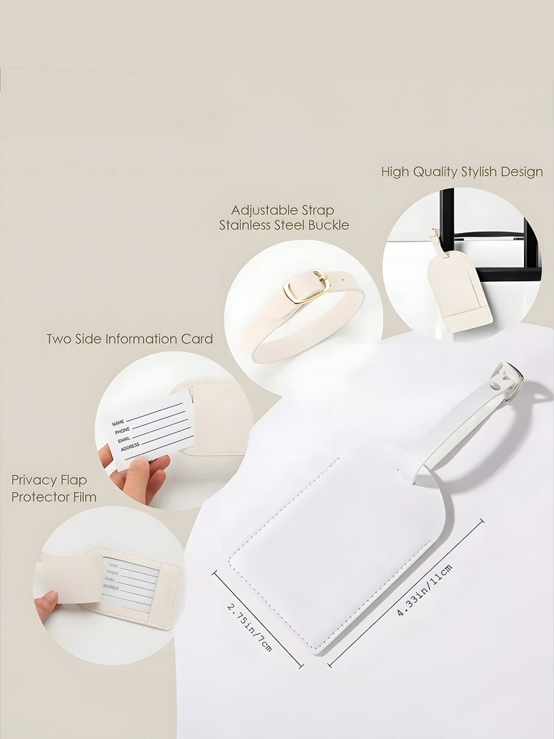 May include: A white luggage tag with a matching strap and stainless steel buckle. The tag has a privacy flap and a two-sided information card. The tag measures 11cm by 7cm.