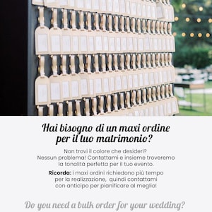 May include: A display of numerous small, rectangular tags with rounded tops, arranged on a dark background. Each tag has a gold-coloured ribbon and a white label. The image includes text in English and Italian.