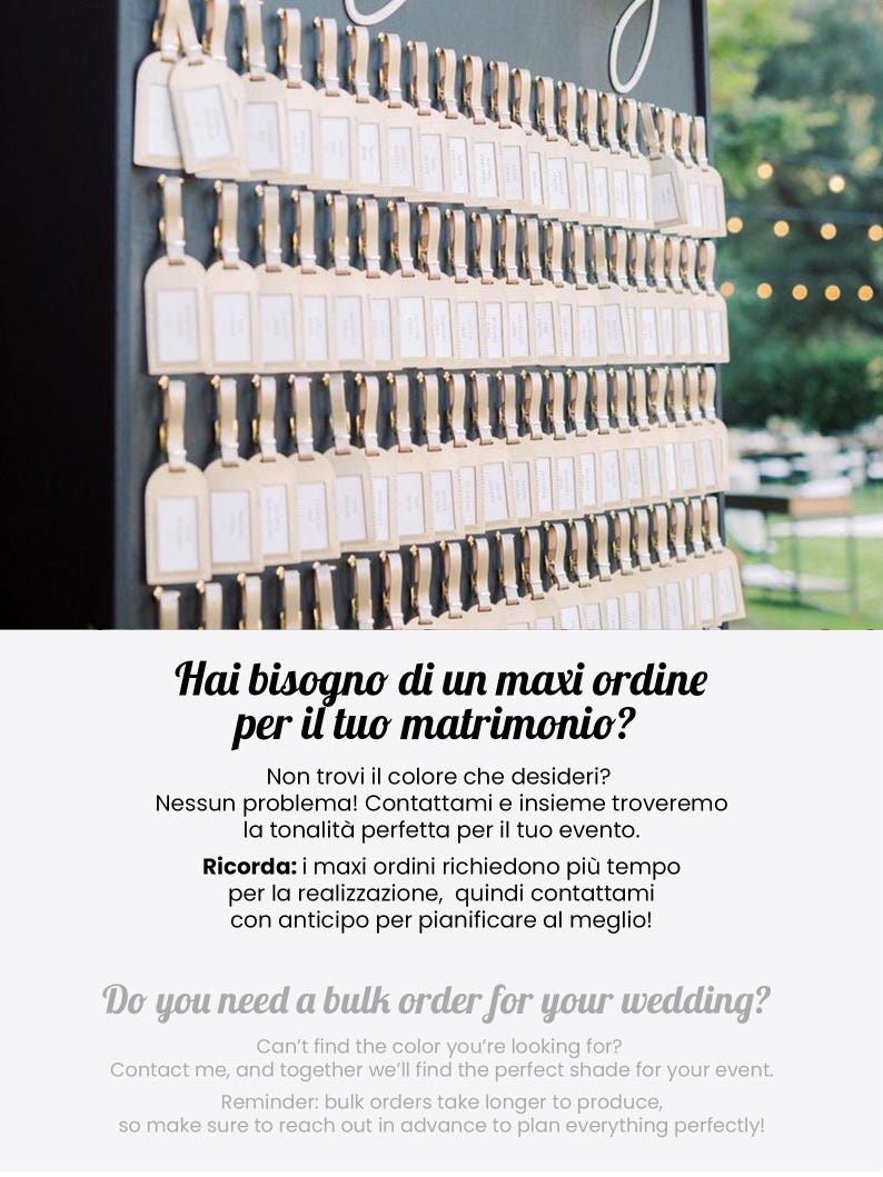 May include: A display of numerous small, rectangular tags with rounded tops, arranged on a dark background. Each tag has a gold-coloured ribbon and a white label. The image includes text in English and Italian.