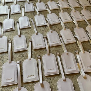 May include: Numerous light pink luggage tags with silver-coloured hardware and matching straps. Each tag features a rectangular window and is personalised with a name in gold lettering. The tags are arranged on a textured surface.
