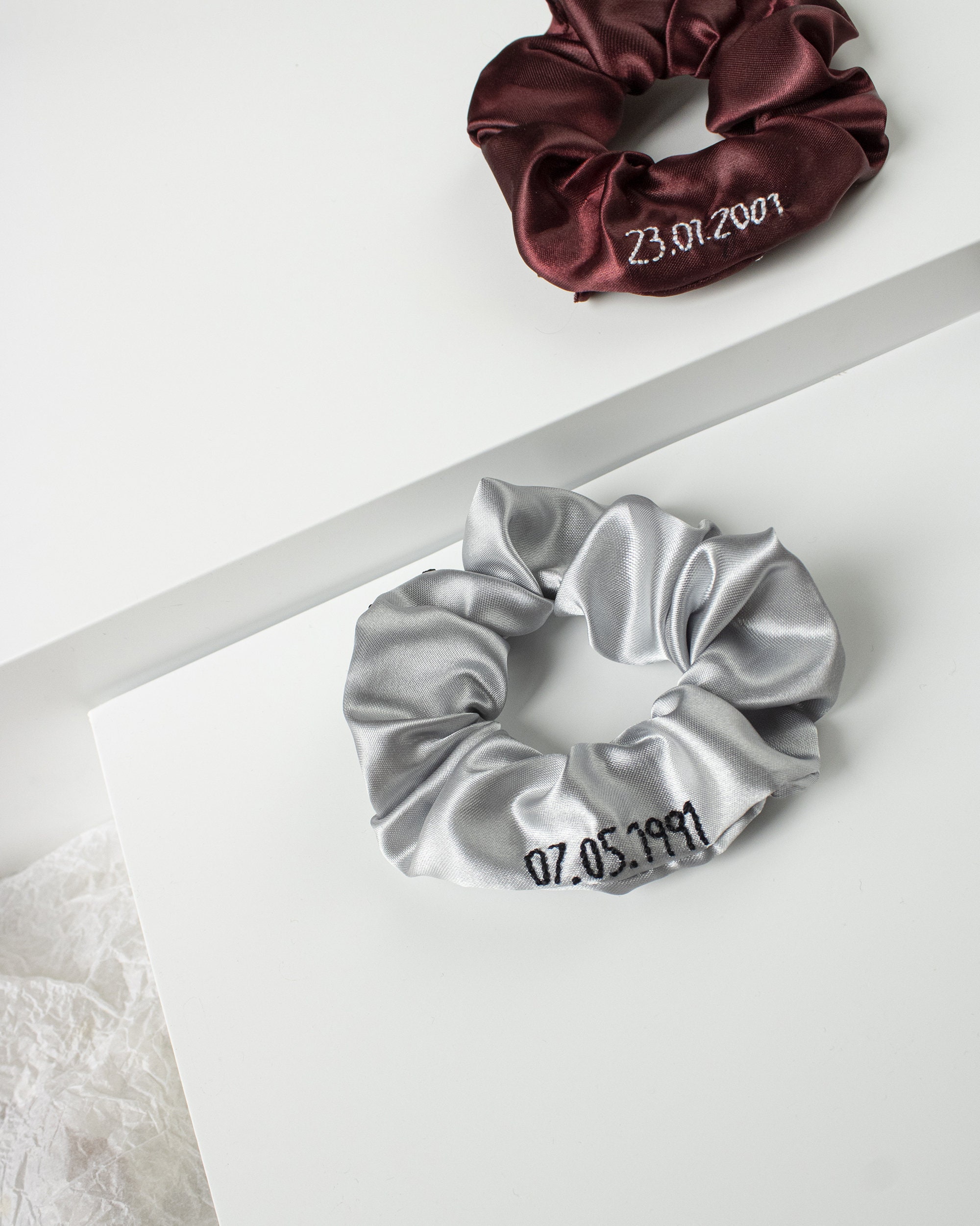 CLASSIC / CUSTOM DATE  scrunchies embroidered, hair scrunchies, satin hair accessories, custom hair ties, handmade bracelet