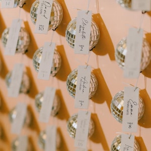 May include: A decorative wall display featuring mirrored disco balls, each with a name tag and table number. Ideal for events, the tags display names like 'David Di Capri' and 'Elizabeth Brown'. The background is a peach colour.