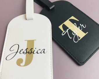 TRAVEL / LABEL - Monogrammed luggage tags, personalized initial with name, leather luggage tags, gift for him her