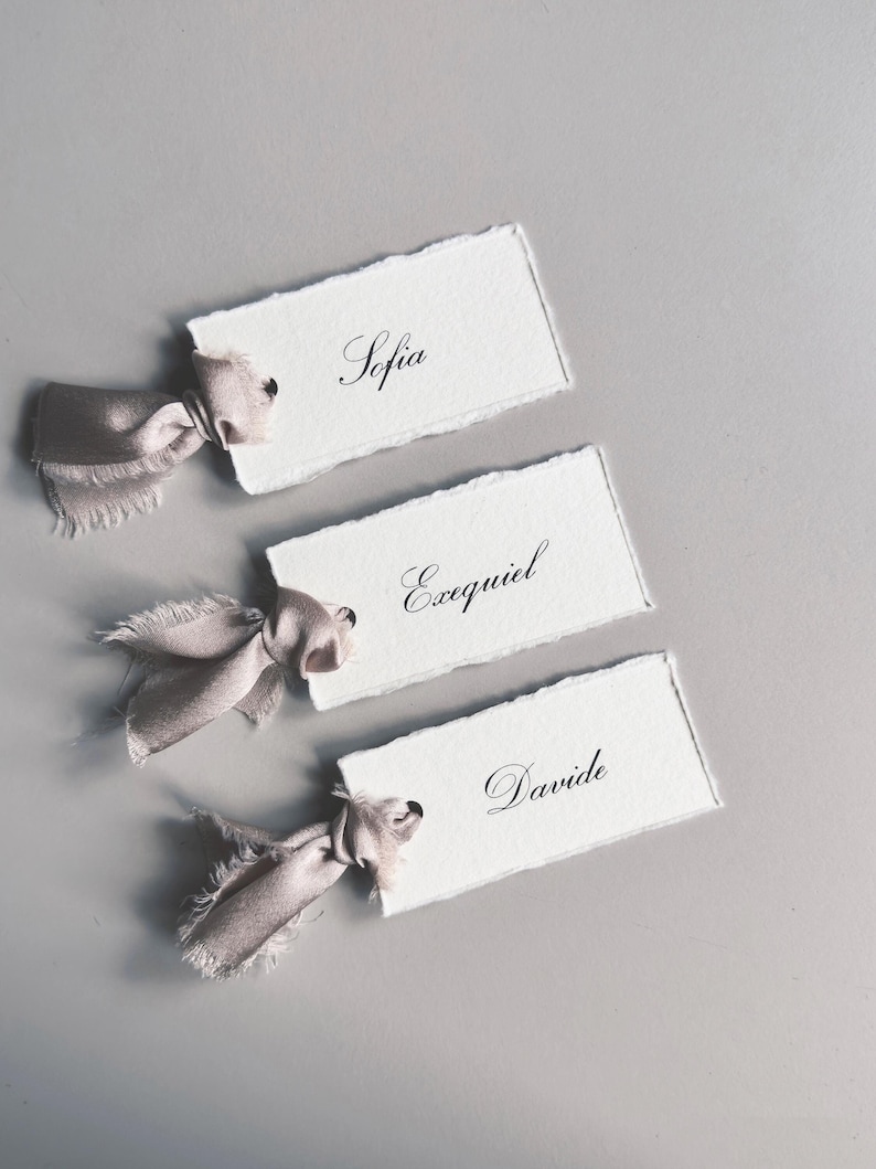 May include: Three white place cards with torn edges, each featuring a name in elegant script: Sofia, Exequiel, and Davide. Each card is adorned with a dusty rose ribbon tied in a bow. The cards are arranged on a gray surface.