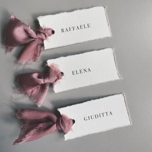 May include: Three white rectangular place cards with torn edges, each bearing a name in black text: RAFFAELE, ELENA, and GIUDITTA. Each card is adorned with a dusty rose silk ribbon bow. The background is a solid gray.