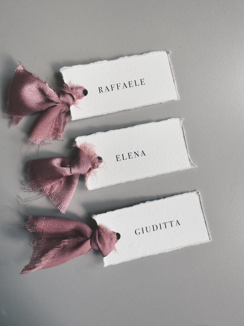 May include: Three white rectangular place cards with torn edges, each bearing a name in black text: RAFFAELE, ELENA, and GIUDITTA. Each card is adorned with a dusty rose silk ribbon bow. The background is a solid gray.