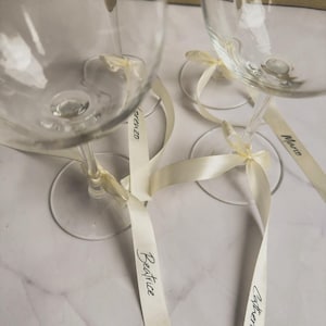 EVENT / Personalized 15 mm stemware ribbon, party champagne glass ribbon, satin ribbon name tags, name placeholder