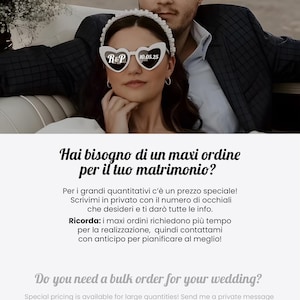 May include: A couple poses, the woman wearing heart-shaped white sunglasses with "R&P" and "10.05.25" printed on them. The image includes text in Italian and English about bulk orders for weddings.