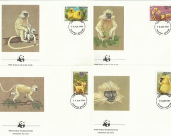 Bhutan 1984 Endangered Golden Langur 4er Set auf FDCs mit WWF Panda Logo