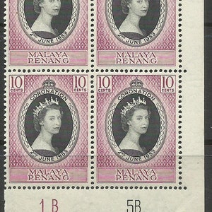 Malayan States Penang 1953 Coronation Block of 4 Plate 1B 5B MNH