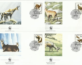 Albanien 1990 Gefährdete Gämsen im 4er-Set auf FDCs mit WWF-Panda-Logo