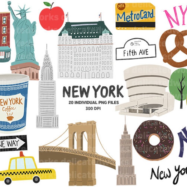 ClipArt New York, autocollants de voyage pour agendas et journaux, graphiques new york, fichiers png numériques new york, fichiers coupés new york,