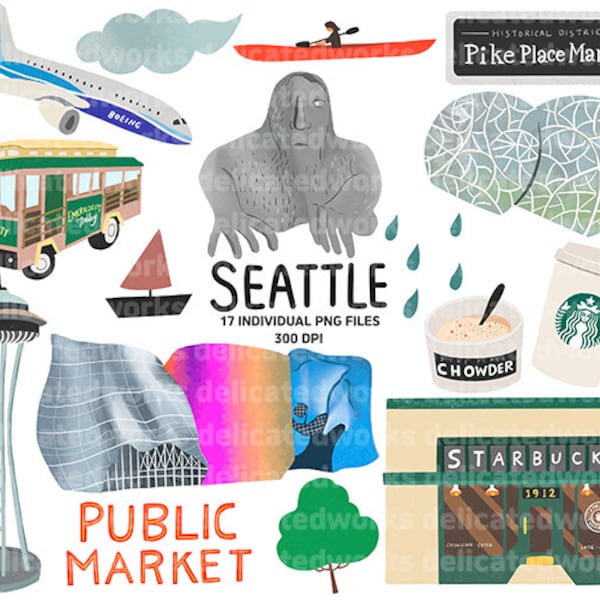 Travel Seattle ClipArt for your digital Planners & Journals - set of 16