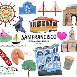 San Francisco ClipArt, Sticker Clipart, SF ClipArt, Cute ClipArt, Goodnotes Stickers, Commercial Clipart, Hand Painted ClipArt,