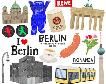 Berlin ClipArt, Aufkleber Clipart, Deutschland ClipArt, Süße ClipArt, Goodnotes Sticker, kommerzielle Clipart, Handgemalte ClipArt,