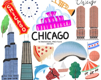 Chicago ClipArt, Sticker Clipart, ClipArt, Cute ClipArt, City Clipart, Goodnotes Stickers, Commercial Clipart, Hand Painted ClipArt,