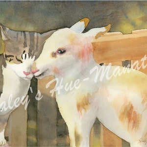 May include: A watercolor painting of a cat and a lamb nuzzling each other. The cat is gray and white, and the lamb is white with a pink nose. The animals are painted in a realistic style, and the background is a soft brown.