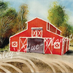 Lee Scheune | Malerei Aquarell Original Kunst Arbeit Bauernhof Scheune rustikale rote Wand Dekor handgemachte Künstler Home Tree Bau Architektur