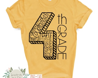 May include: Mustard yellow t-shirt with a black graphic. The graphic features the number "4" with the words "Fourth" and "4th Grade" in a bold, stylized font. The shirt has rolled-up sleeves and a crew neck.