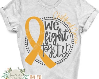 May include: Light gray t-shirt with a gold ribbon and the words "We Fight Together" in a circular design. The words "Childhood Cancer" are arched above the circle. The shirt also has the Buena Vista Studio logo.