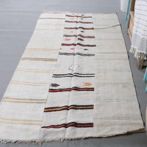 Vintage Turkish Area Rug, Bohemian Style, 4x7ft, Neutral Tones, Colorful Stripes, Unique Pattern, Handwoven Decor