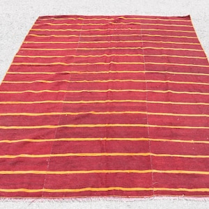 Turkish Kilim, Striped Wool Kilim, Vintage Turkish Rug, Bohemian Home Decor, Red Kilim, 5x6ft, Handmade Woven Carpet, Ethnic Floor Rug