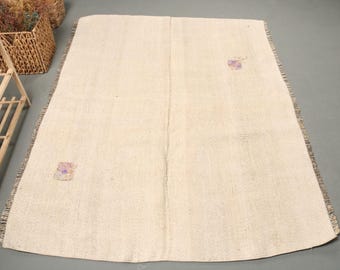 6x4.6 ft Turkish Area Rug, White Brown Vintage Plants & trees Wool Rug