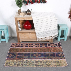 Vintage Rug, Turkish Rug, Small Rug, Patchwork Rug, Oushak Rug, Rugs For Kitchen, 2.3x3.6 ft Blue Rug, Decorative Rug, Small Entry Rug, 7200