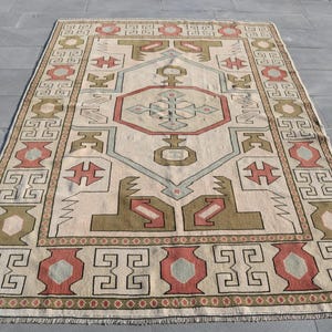 Turkish Vintage Rug, 5.2x7.8 ft Oushak Rug, Red Brown Patchwork Wool Rug