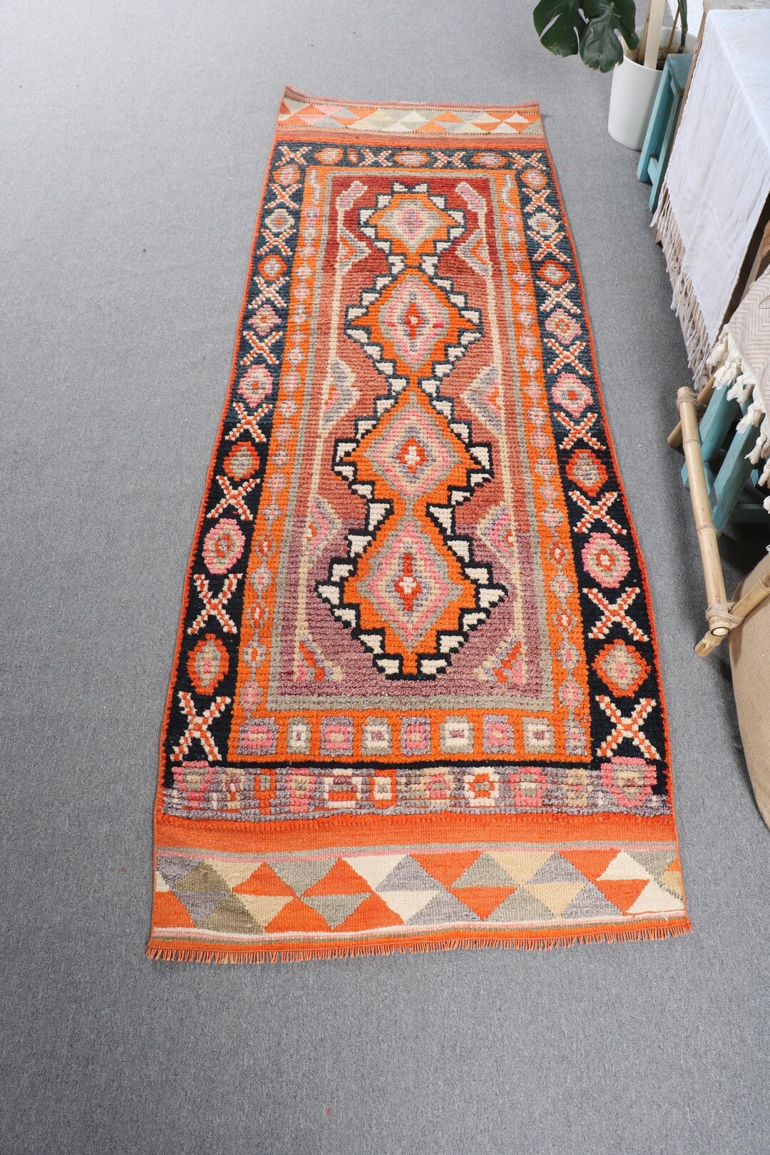 ヴィンテージ トルコ キリム ラグ、3 x 8 フィート ランナー、幾何学