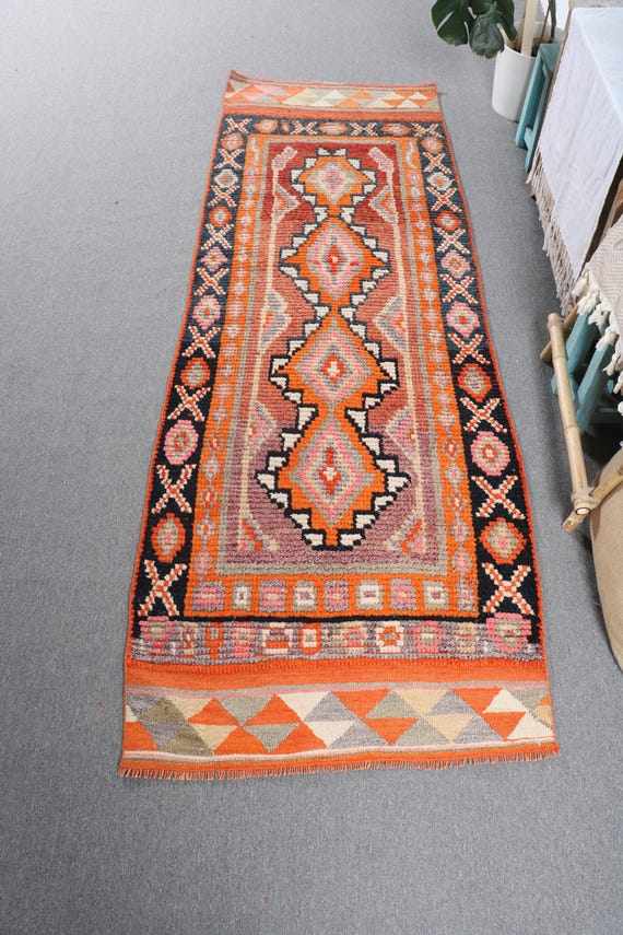 ヴィンテージ トルコ キリム ラグ、3 x 8 フィート ランナー、幾何学