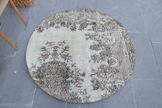 Turkish Rug, Round Rug, 3.9x3.9 Ft, Vintage Rug, Small Rug, Oushak